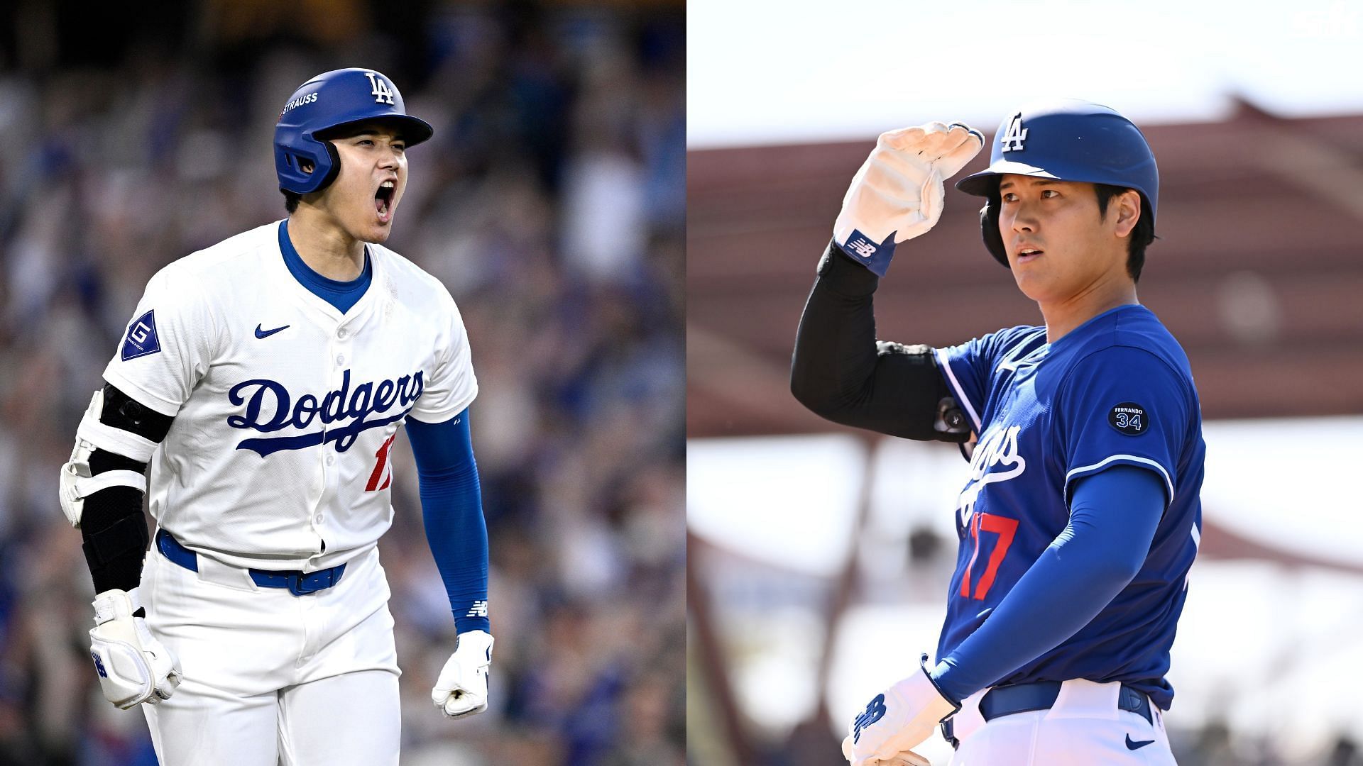 Shohei Ohtani of the Los Angeles Dodgers gestures to the crowd against the Arizona Diamondbacks during a spring training game at Camelback Ranch (Source: Getty)