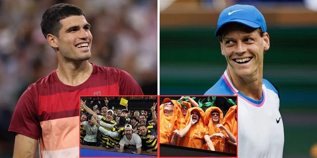 Carlos Alcaraz and his bee hive (L) &amp; Jannik Sinner and his Carota Boys (R) (Source - GETTY, left inset - INSTAGRAM)