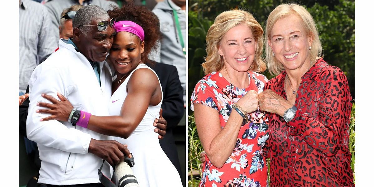 Serena Williams with her father Richard Williams (L); Chris Evert and Martina Navratilova (R) (Image Source: Getty)