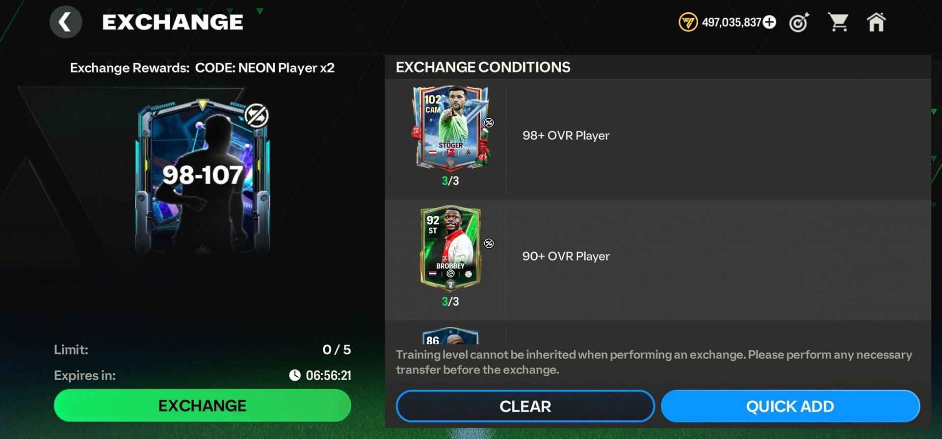 EA FC Mobile Code Neon Player x2 Exchange (Image via EA Sports)