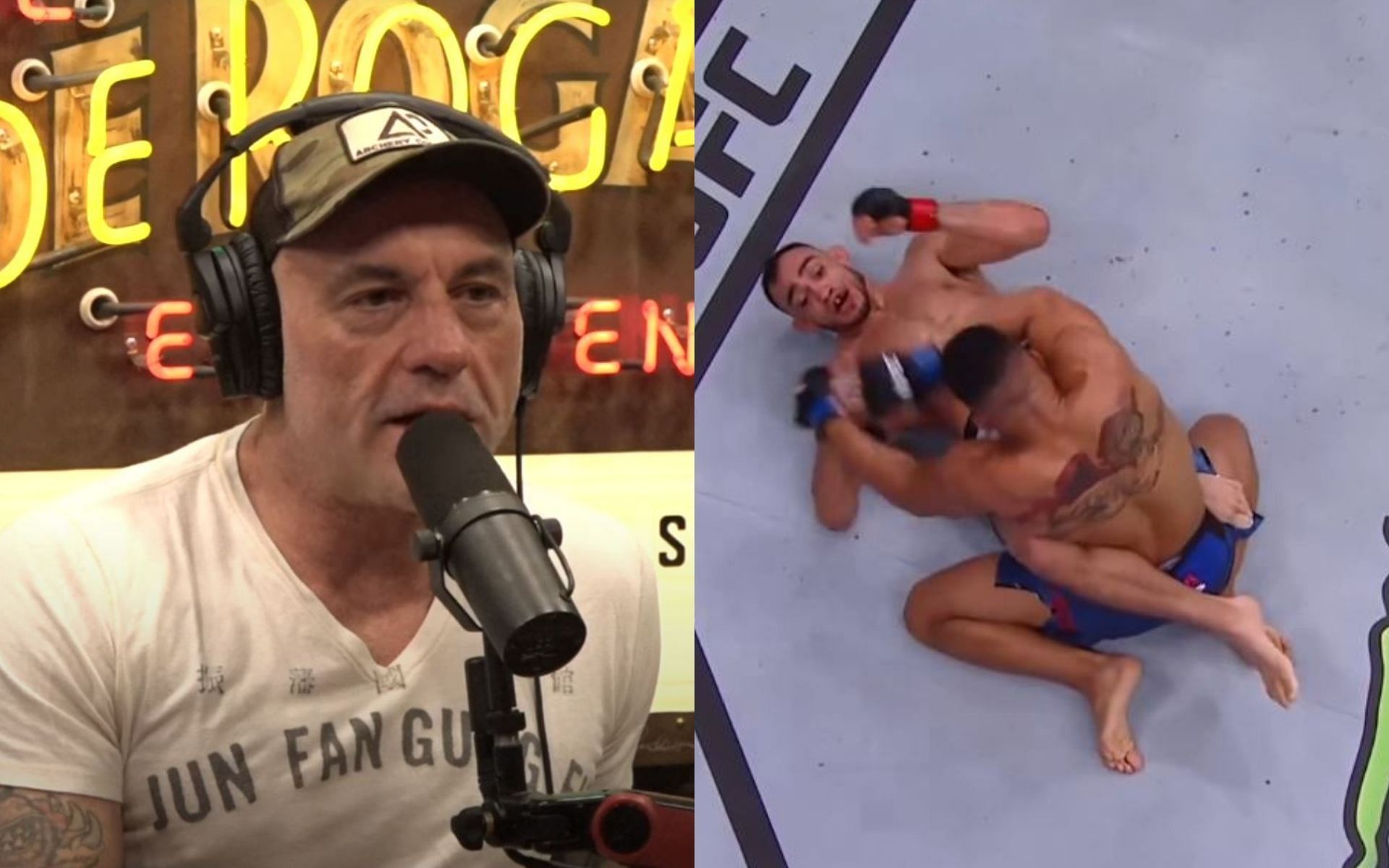 Joe Rogan (left), lauds BJJ coach Eddie Bravo for helping fighters like Tony Ferguson (right) with their grappling games. [Image credit: PowerfulJRE on YouTube, @tonyfergusonxt on Instagram]