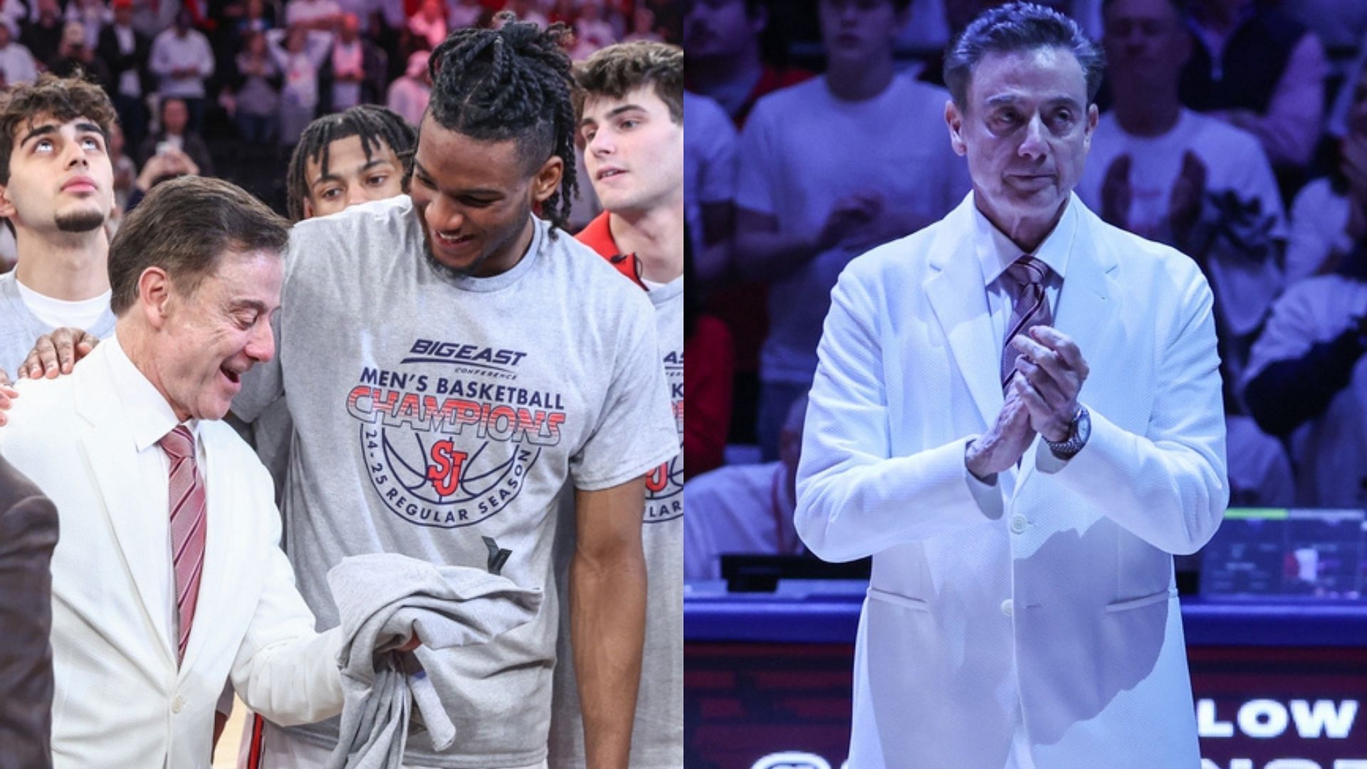 Rick Pitino celebrates with Zuby Ejiofor after St. John