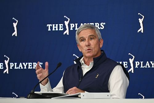 Monahan speaking with the media on Tuesday ahead of THE PLAYERS (via Getty)