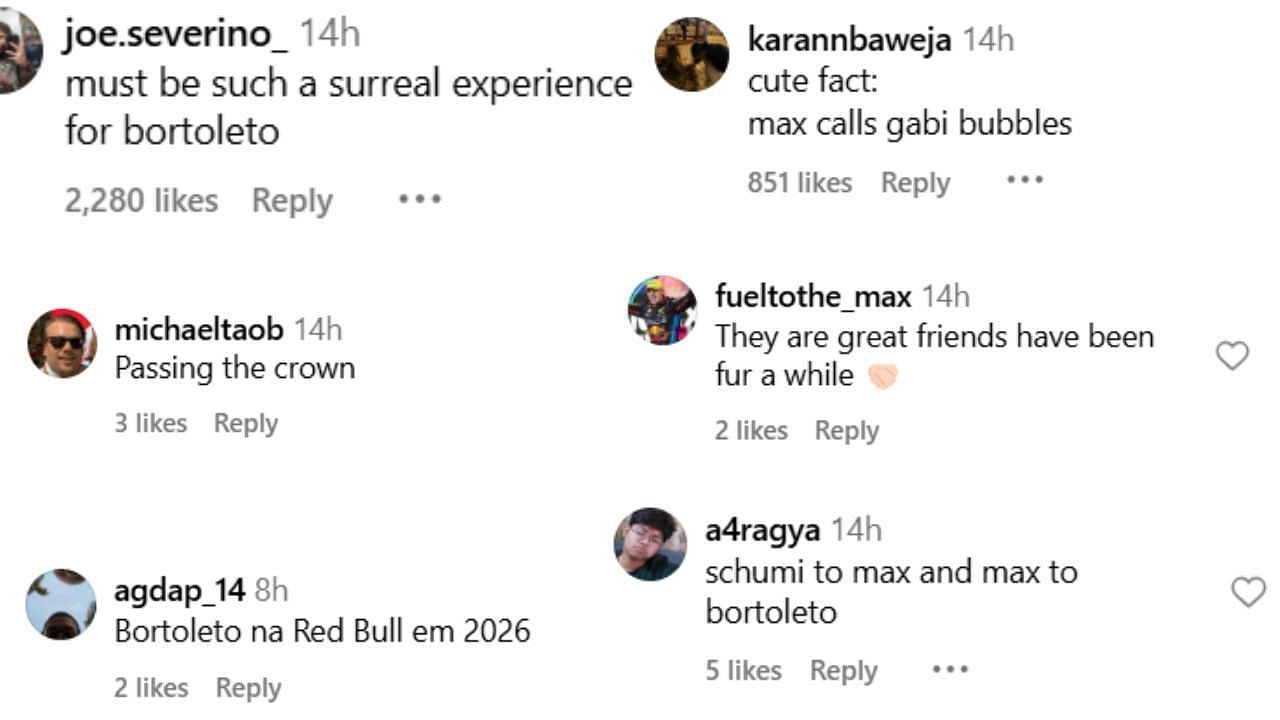 Reactions to Max Verstappen and Gabriel Bortoleto...Credits-Instagram