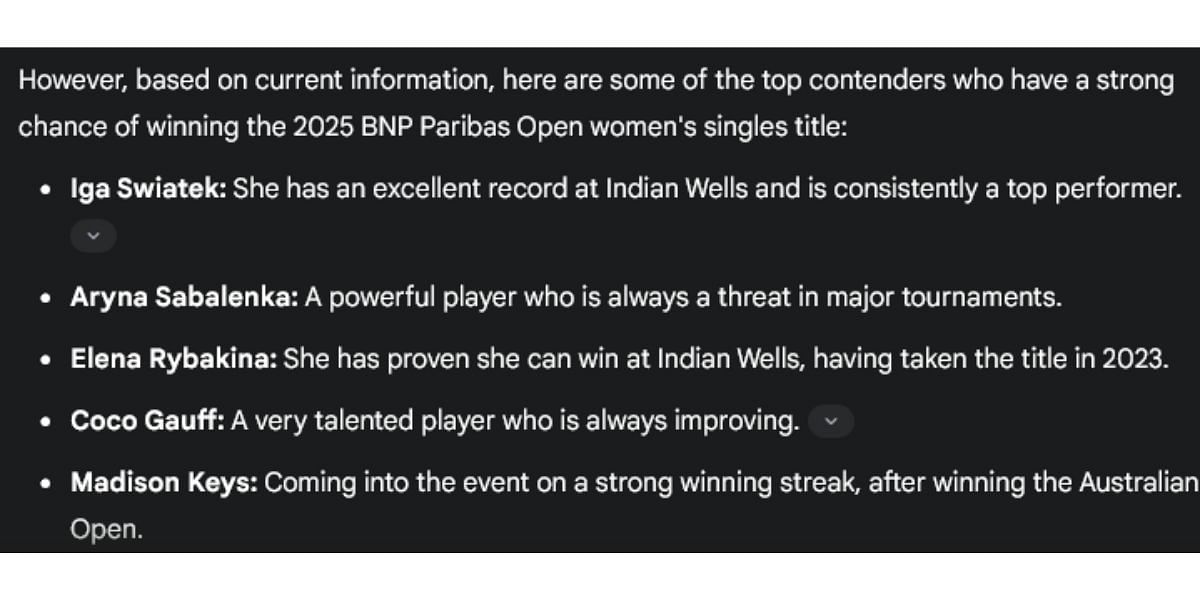 Gemini AI prediction for the women&#039;s singles champion at the Indian Wells Open 2025. (Source: Gemini AI)