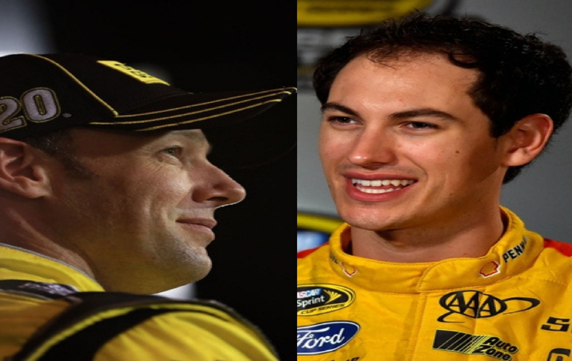 A side-by-side image of Matt Kenseth (left) wearing a cap with the number 20 and Joey Logano (right) at a press event.