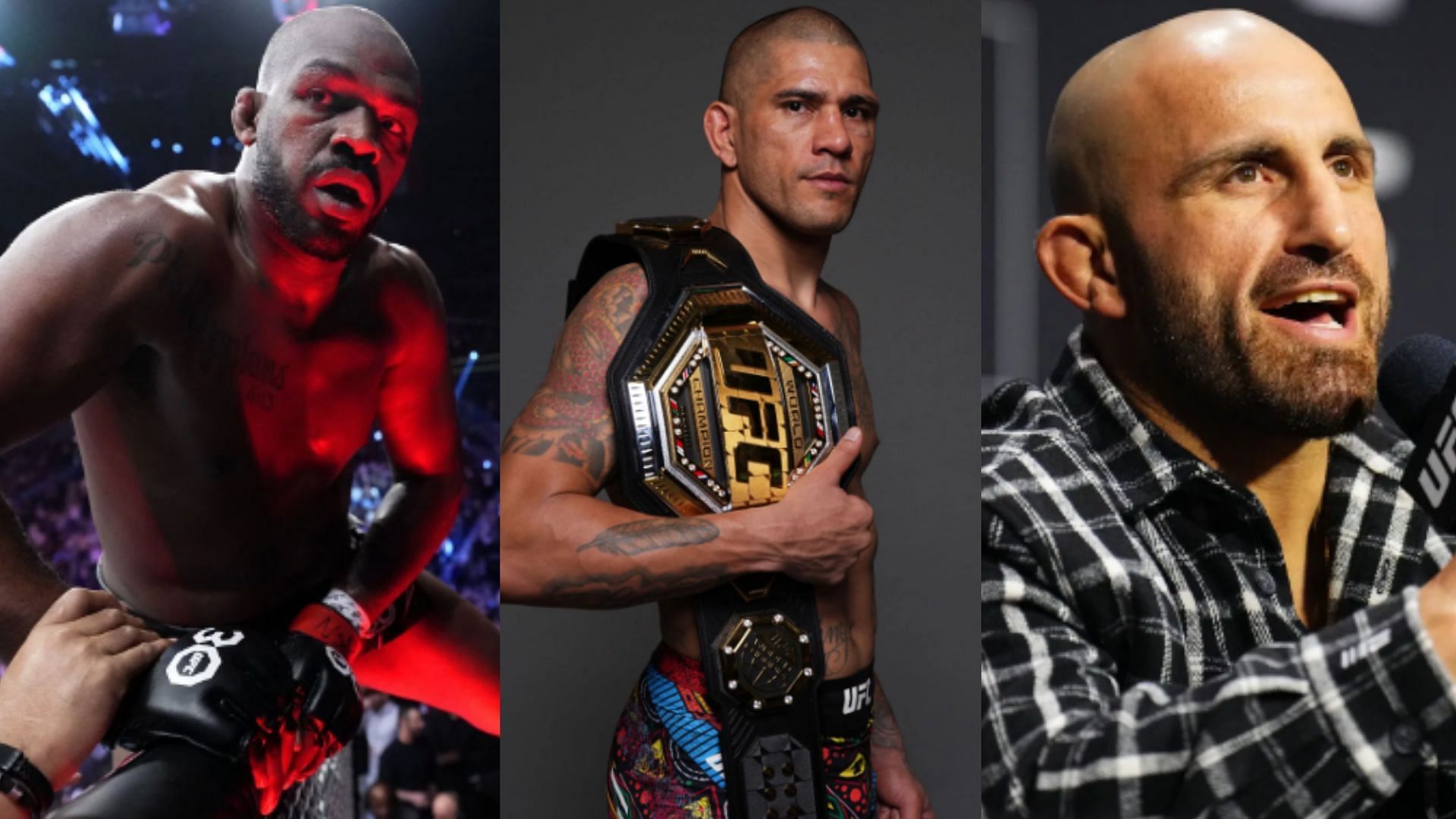 Jon Jones (left), Alex Pereira (center), Alexander Volkanovski (right) [Images courtesy of Getty Images]