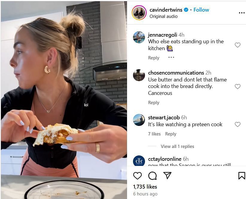 Fans react to Hanna Cavinder&#039;s cooking on IG. Image via @ cavindertwins