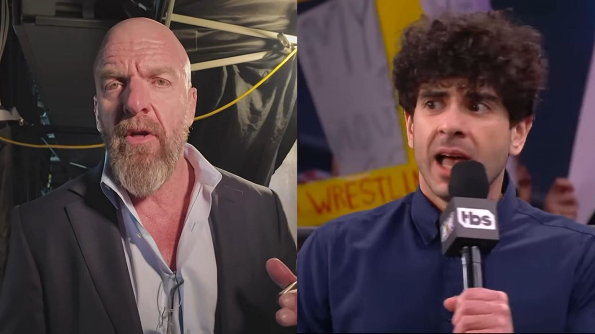 Triple H (left), Tony Khan (right) (Image source: Screenshots via AEW YouTube and Triple H