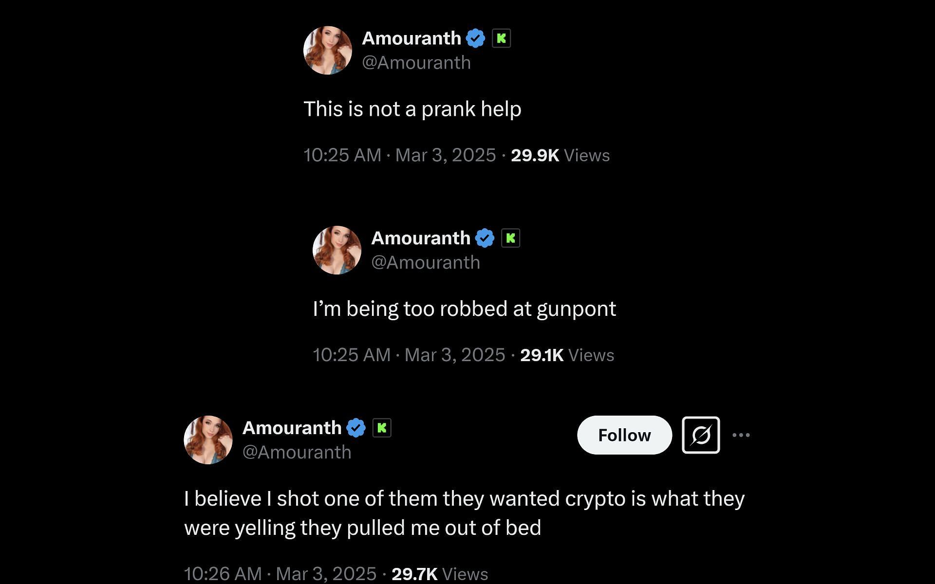 Kick streamer&#039;s X posts, dated March 3, 2025, in which she claimed to have shot a person during an alleged robbery (Image via @Amouranth)