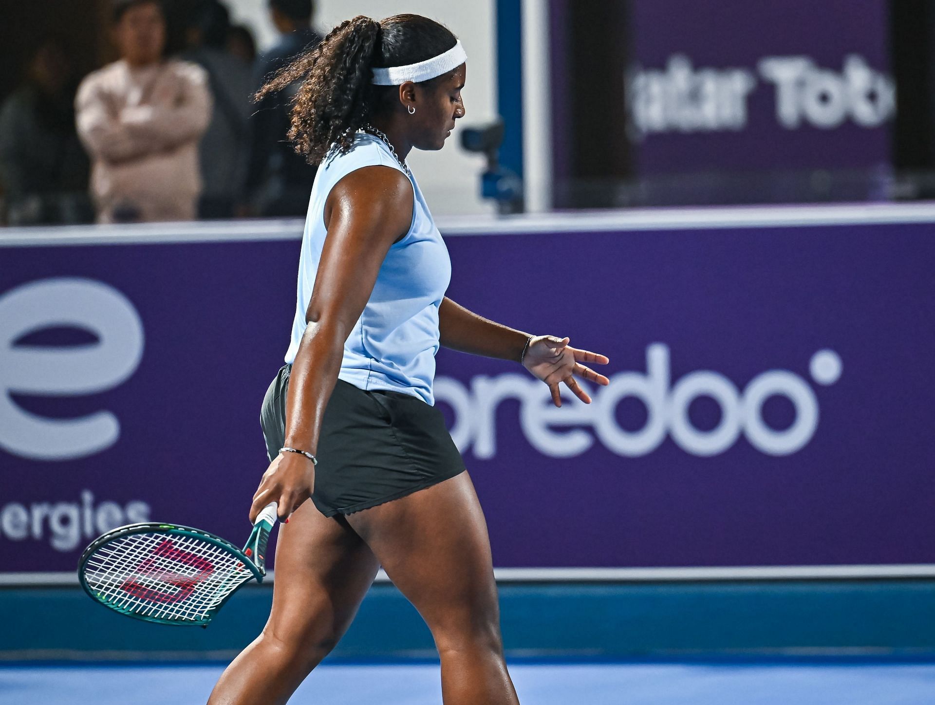 Hailey Baptiste during her Qualifying 1st round match against Rebeka Masarova ahead of the WTA Qatar TotalEnergies Open 2025 - Source: Getty