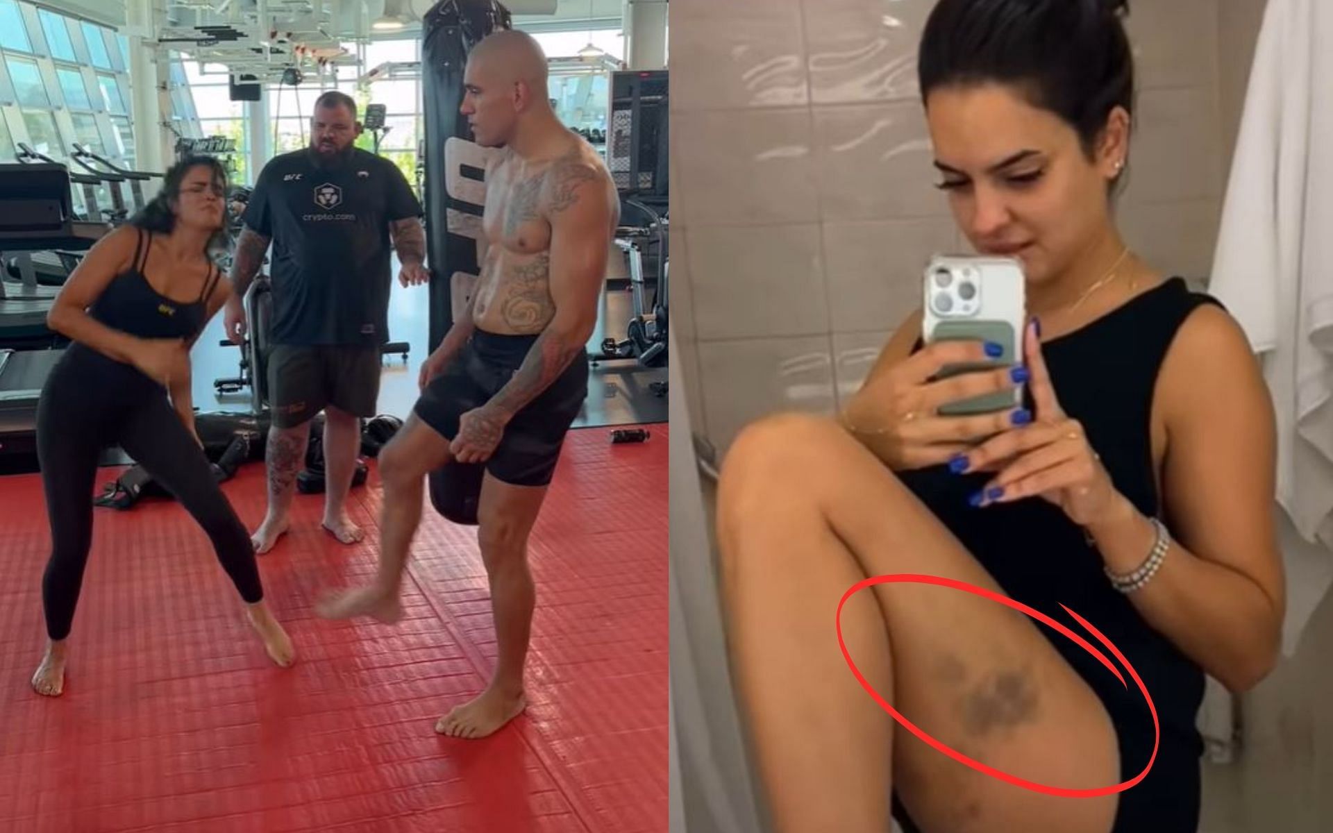 Nina-Marie Daniele (left) let Alex Pereira (left photo, right) to kick her in the leg back in June last year. [Image credit: Nina Drama on YouTube]