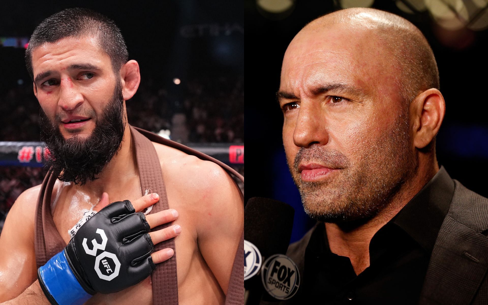 Joe Rogan (right) explains who Khamzat Chimaev (left) is to podcast guest. [Image courtesy: Getty Images]