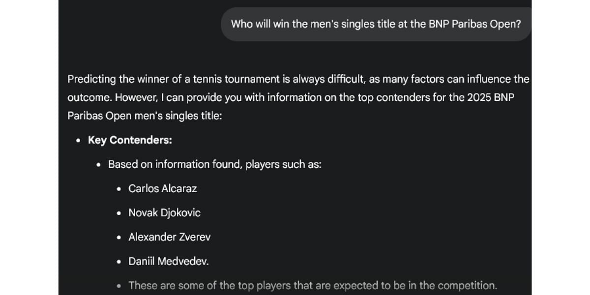 Gemini AI prediction for the men&#039;s singles champion at the BNP Paribas Open 2025. (Source: Gemini AI)