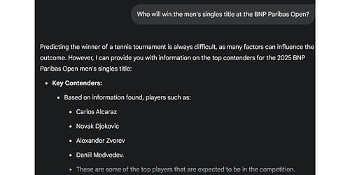 Gemini AI prediction for the men's singles champion at the BNP Paribas Open 2025. (Source: Gemini AI)