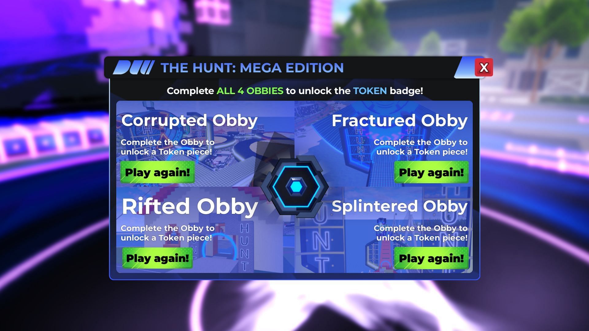 The token will be unlocked once you complete all four obbys (Image via Roblox)