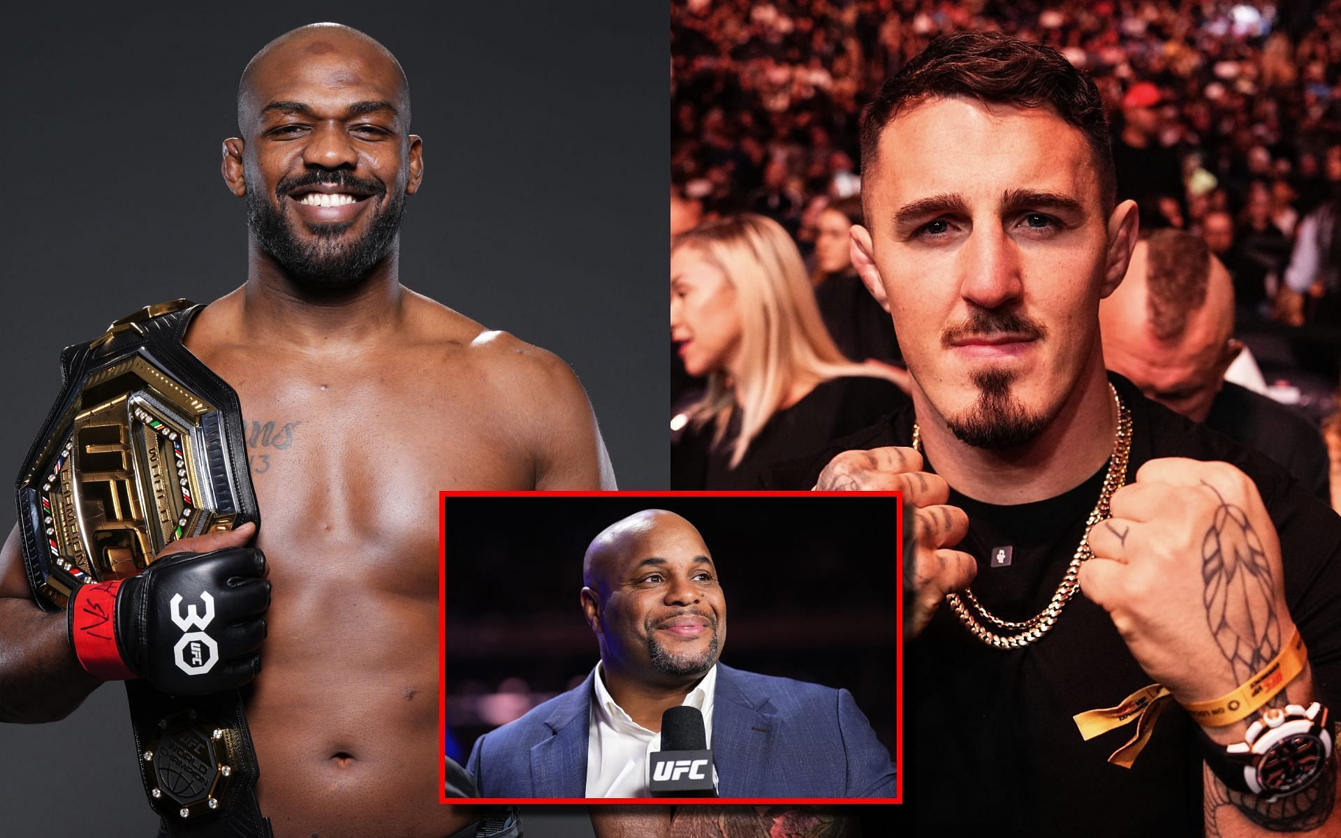 Daniel Cormier (inset) talks Jon Jones (left) vs. Tom Aspinall (right). [Image courtesy: Getty Images] 