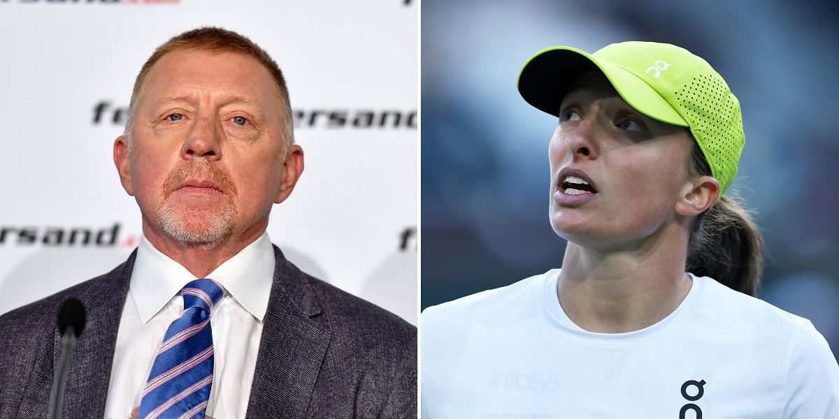 Boris Becker (L) reacts to Iga Swiatek