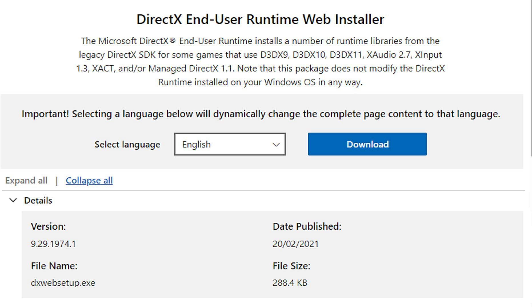 DirectX download page (Image via Microsoft)