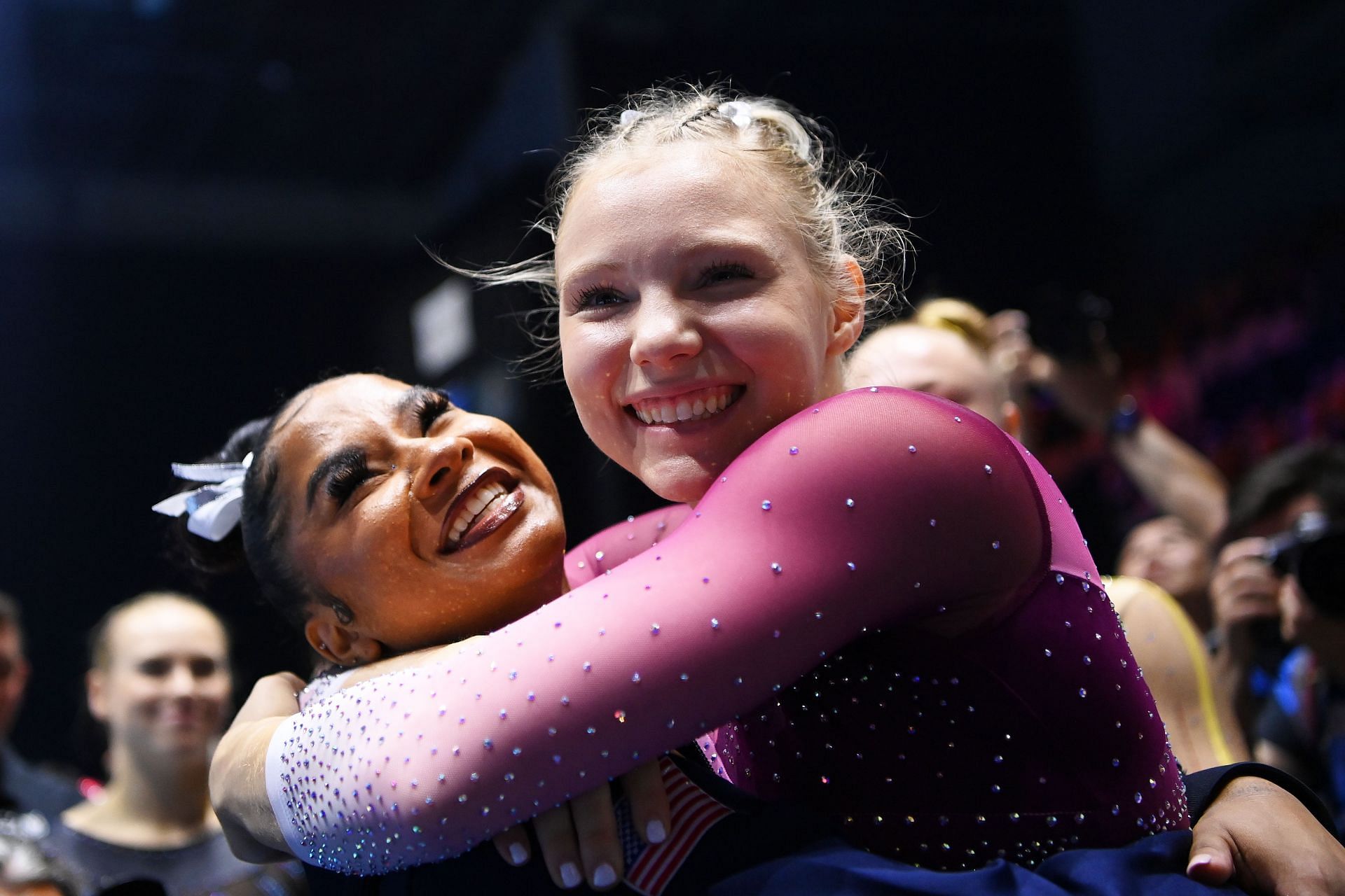 Jade Carey and Jordan Chiles embrace at the 2022 Gymnastics World Championships - Day Eight - (Source: Getty)