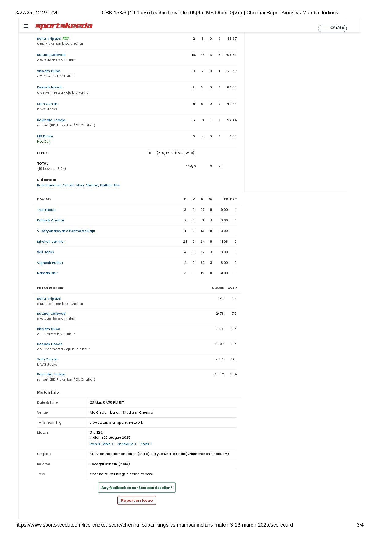 IPL 2025 Match 3 scorecard.