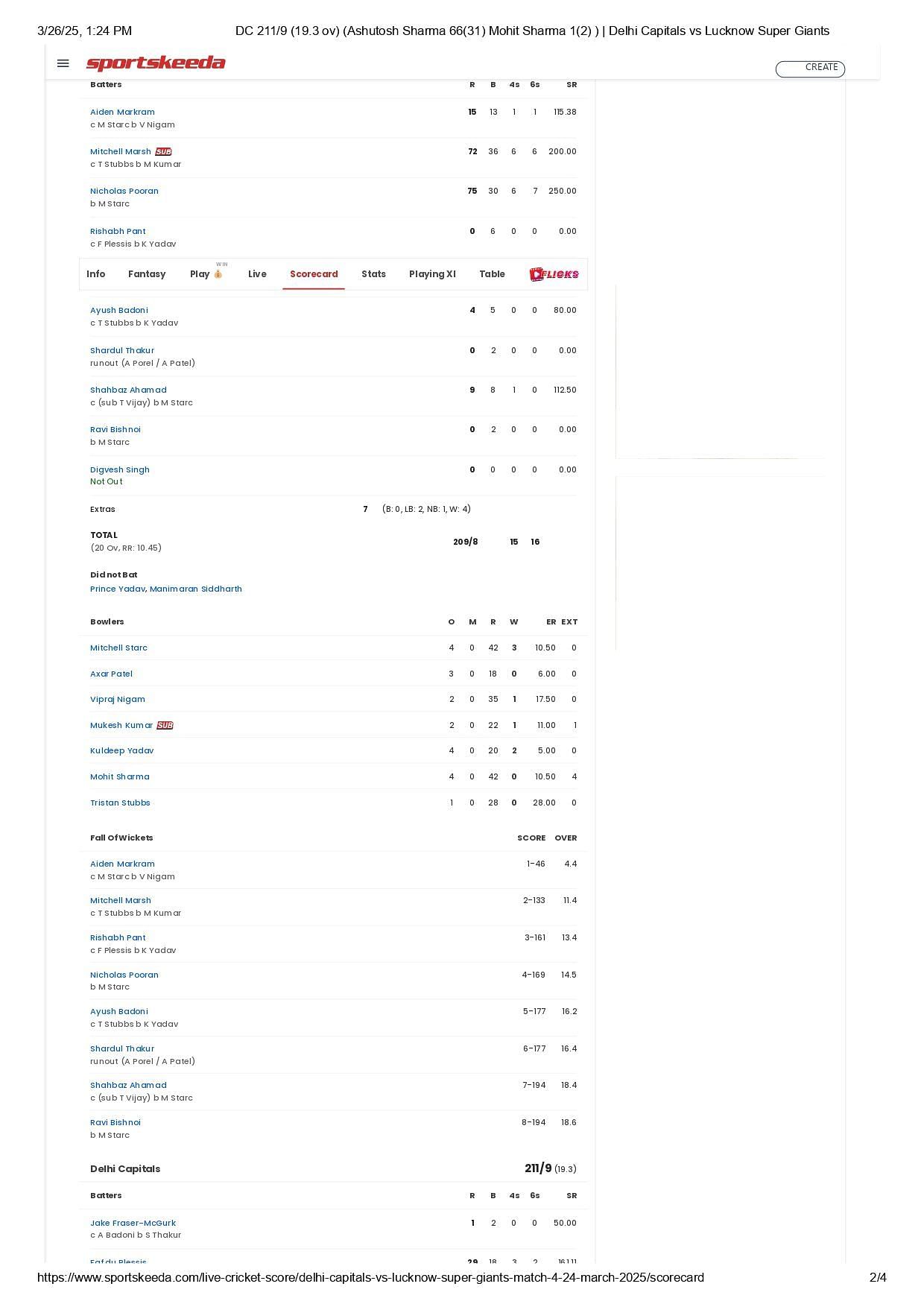 DC vs LSG IPL 2025 scorecard.