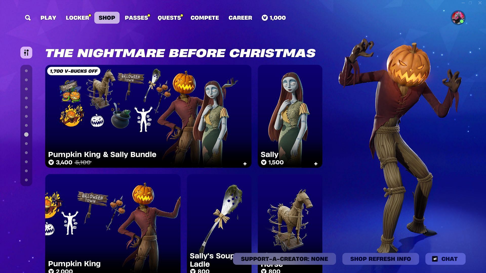 You can now purchase the Pumpkin King and Sally (Nightmare Before Christmas) skins in Fortnite (Image via Epic Games)