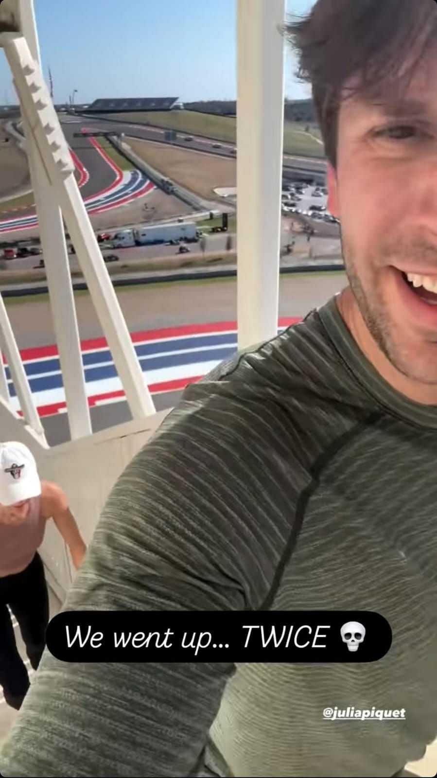 Daniel Suarez&rsquo;s wife climbed the COTA tower for the second time with her husband (Source: @juliapiqet via Instagram)