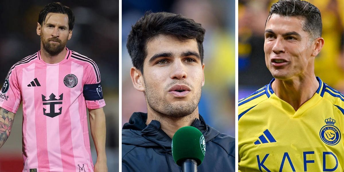 Lionel Messi (L), Carlos Alcaraz (C) and Cristiano Ronaldo (R); ( Source - Getty Images)