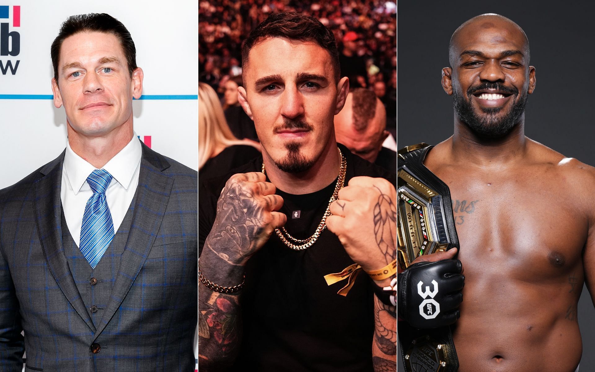 Tom Aspinall (middle) reveals retirement plans featuring Jon Jones (right) and John Cena (left). [Image courtesy: Getty Images]