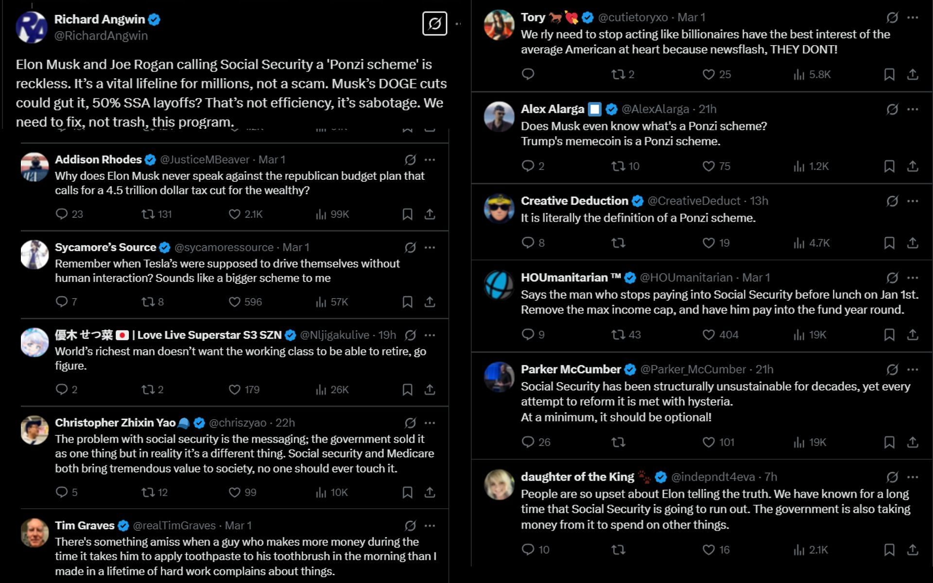 Fans react to Elon Musk&#039;s comments about Social Security. [Screenshots courtesy: @MorePerfectUS on X]