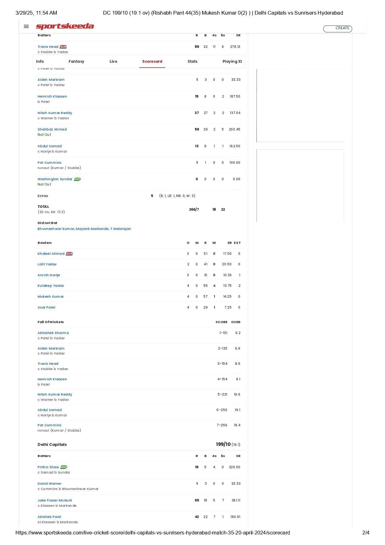 DC vs SRH IPL 2024 scorecard.