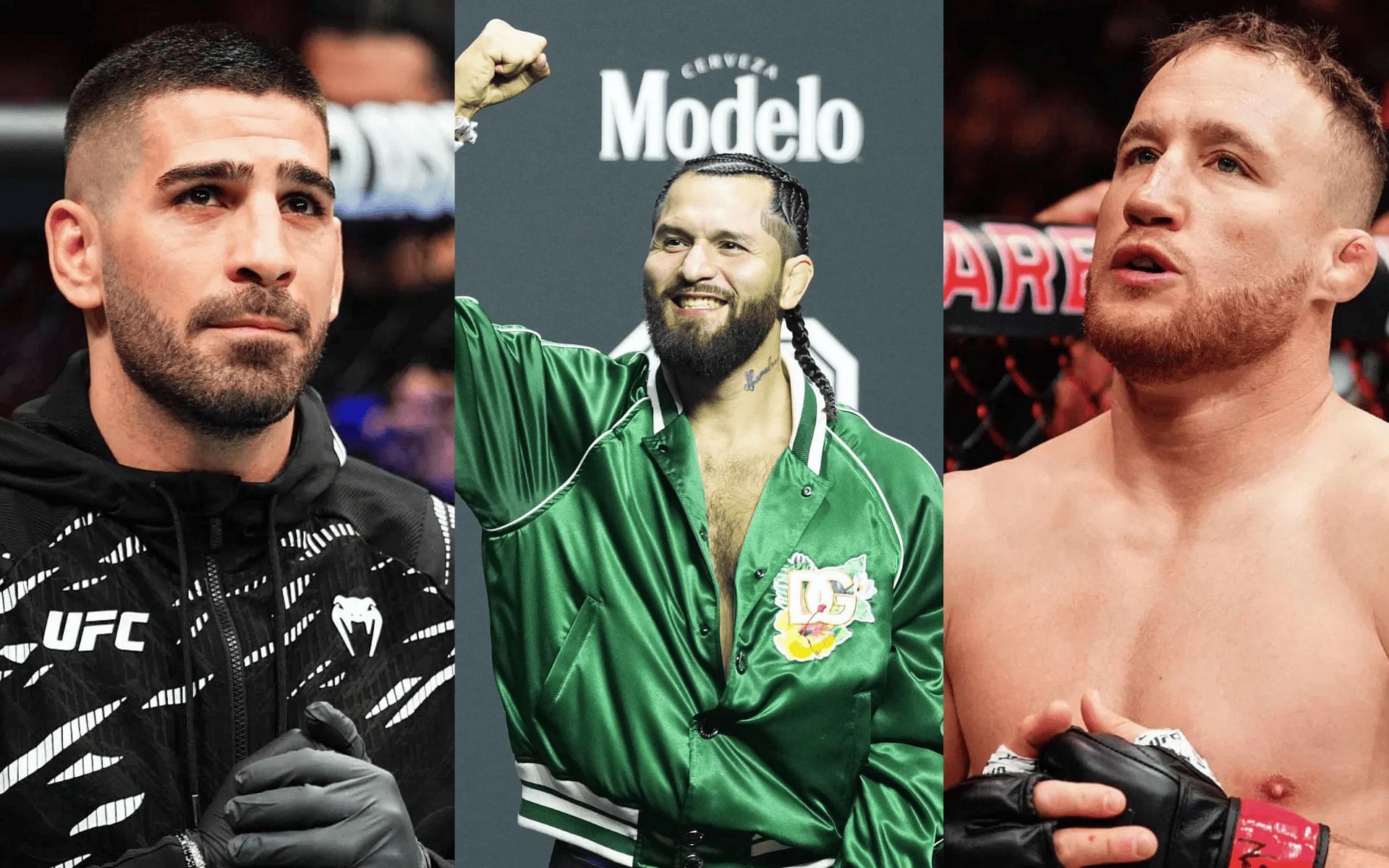 Jorge Masvidal (middle) previews a potential fight between Ilia Topuria (left) and Justin Gaethje (right) [Image Courtesy: Getty]