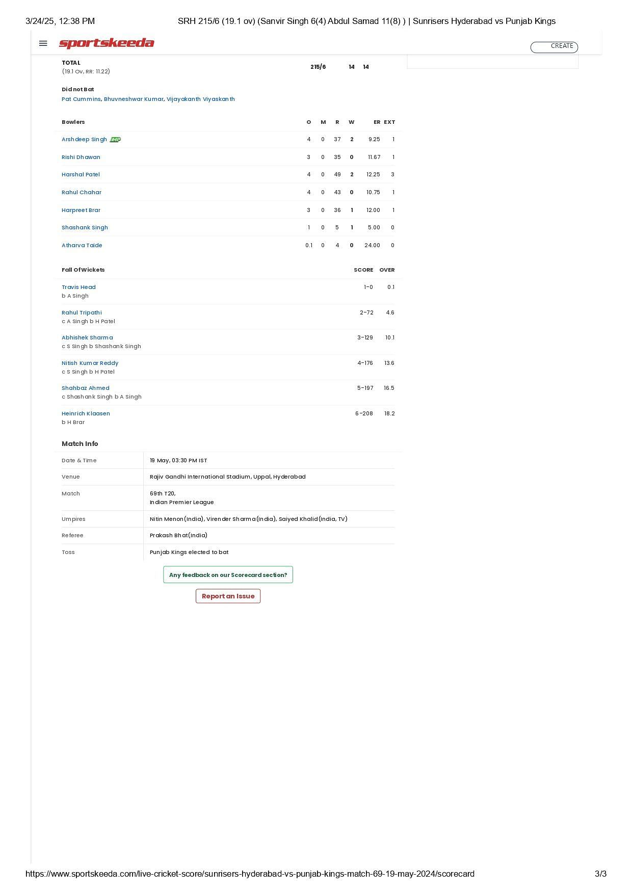SRH vs PBKS in IPL 2024.