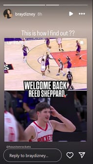Reed Sheppard's girlfriend reacts to his appearance for the Rockets against the Suns - Source: Instagram_@braydizney