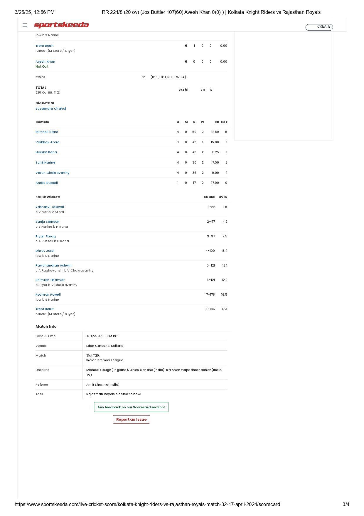 KKR vs RR IPL 2024 scorecard.
