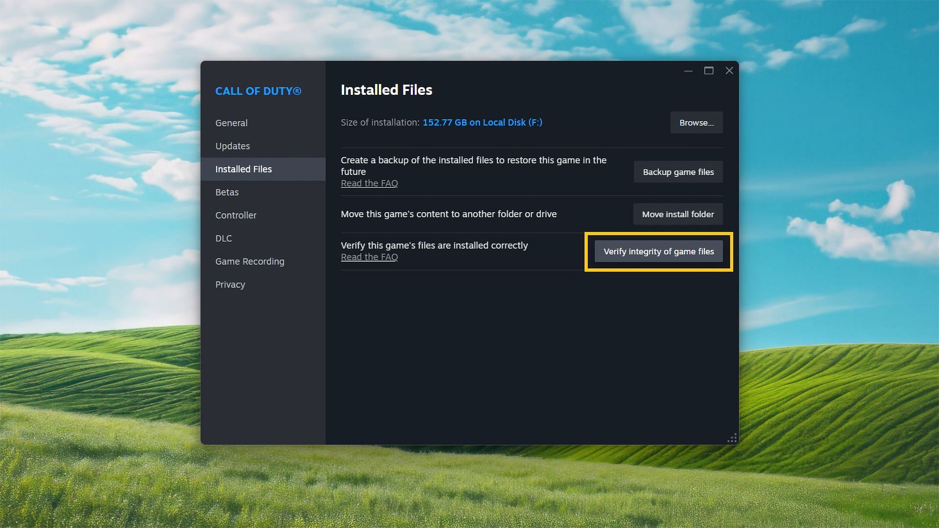 Verifying game files on Steam to fix the &quot;Our level fastfile is different from the server&quot; error in Warzone (Image via Sportskeeda Gaming || Valve)