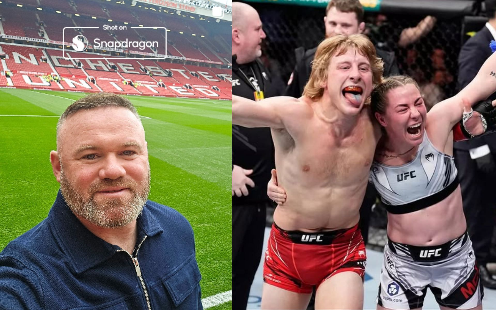 Wayne Rooney (left) reacts as Paddy Pimblett (middle) shares heartfelt message to Molly McCann (right) after her retirement  [Image courtesy @waynerooney @theufcbaddy on Instagram]