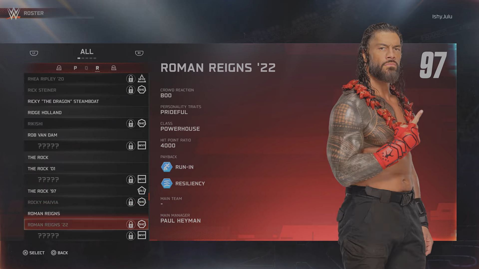 The 2022 card of Roman Reigns (Image via 2K Games // YouTube/@BottomTier)