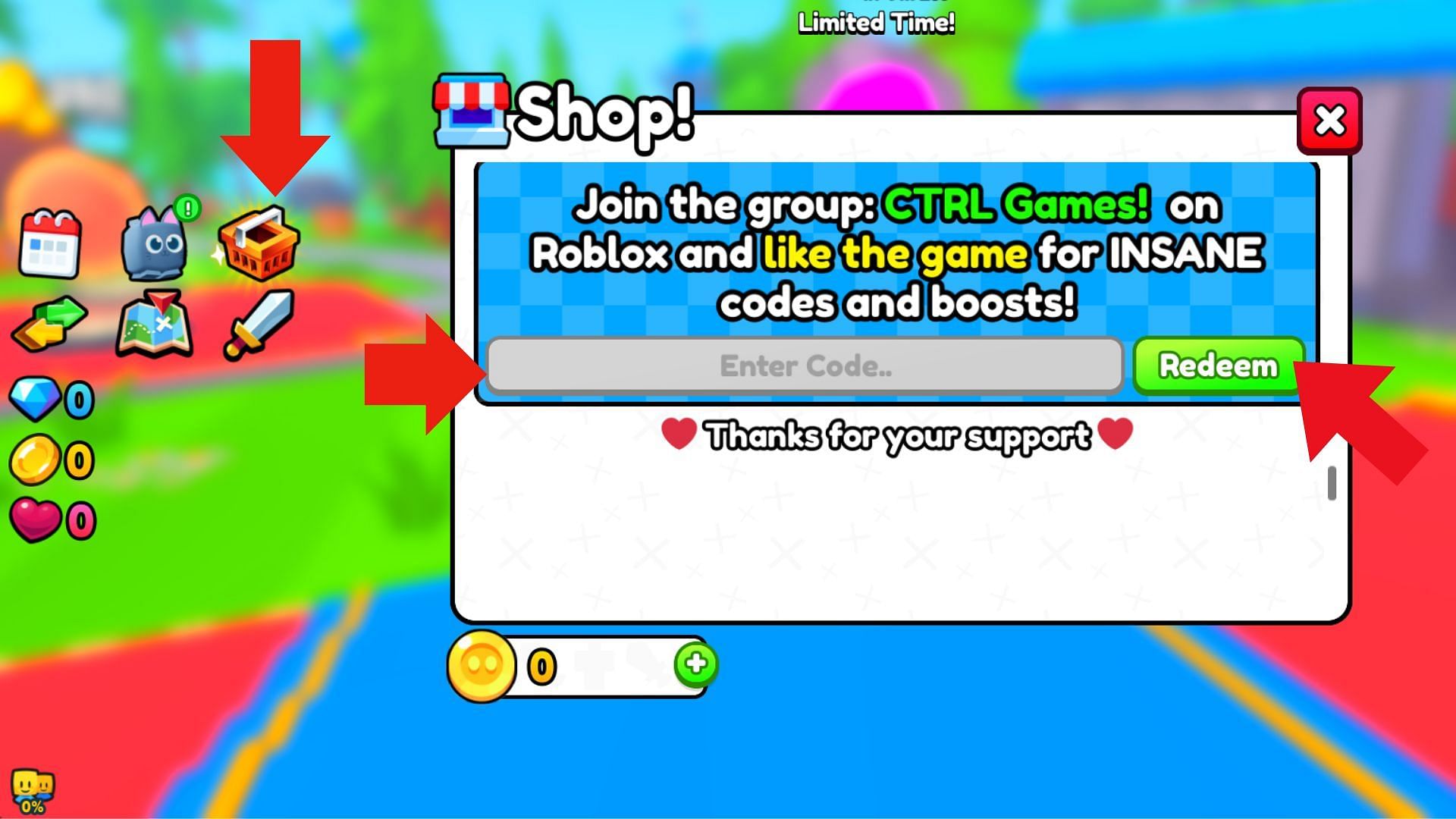 Scroll to the bottom of the Shop menu to access the code box (Image via Roblox)