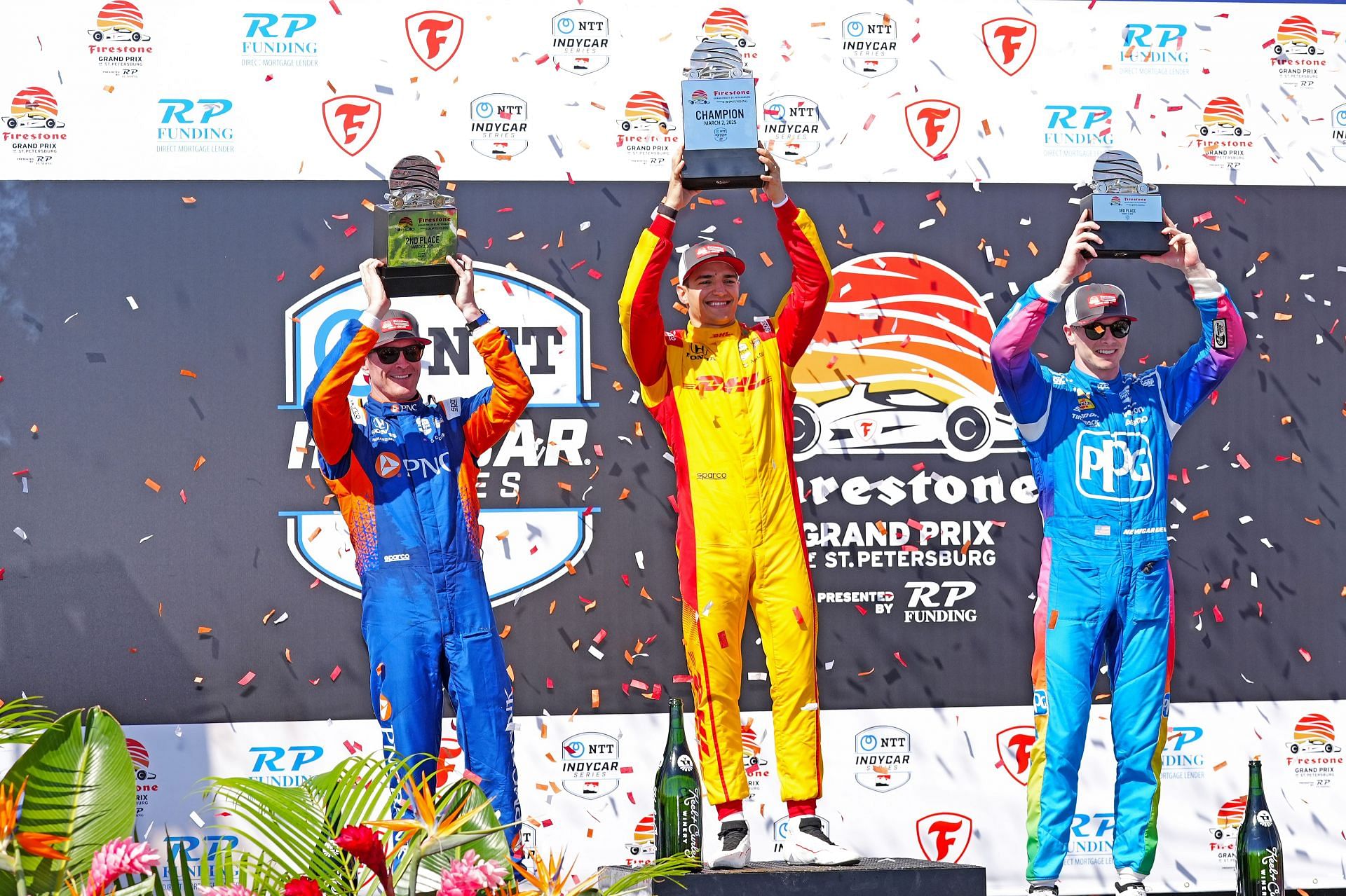 AUTO: Scott Dixon (Left), Alex Palou (Middle), and Josef Newgarden (Right) MAR 02 INDYCAR Firestone Grand Prix of St. Petersburg - Source: Getty