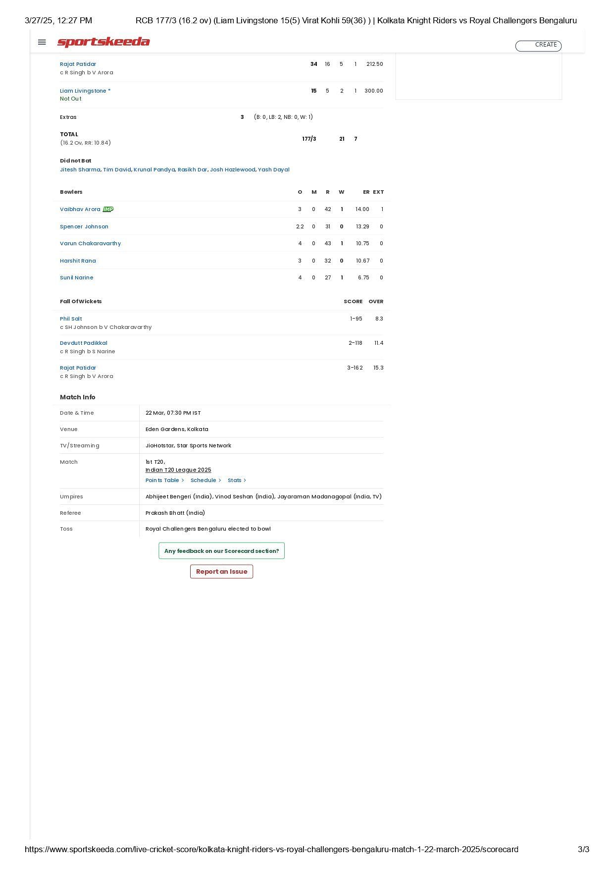 IPL 2025 Match 1 scorecard.