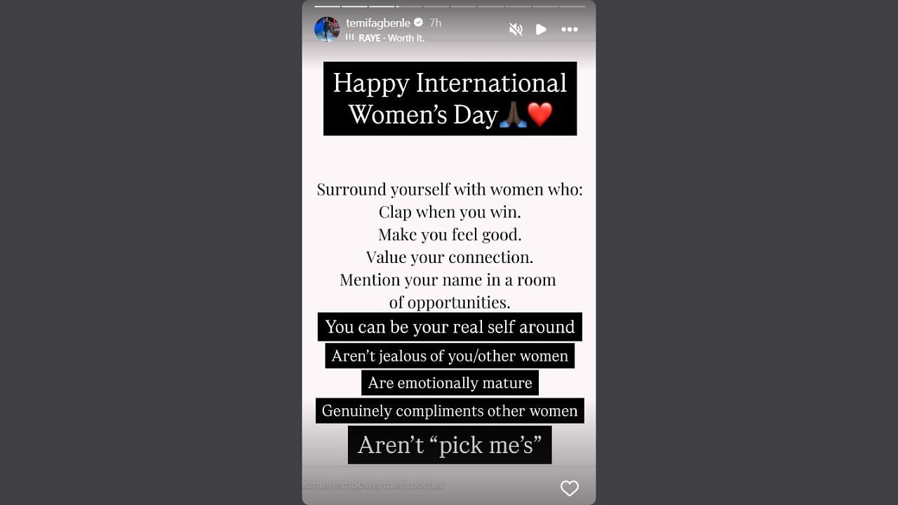 Fagbenle shares advice with her followers on International Women&#039;s Day. (Credits: @temifagbenle/Instagram)