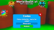 "Not a valid code!" error in Clicker League (Image via Roblox)