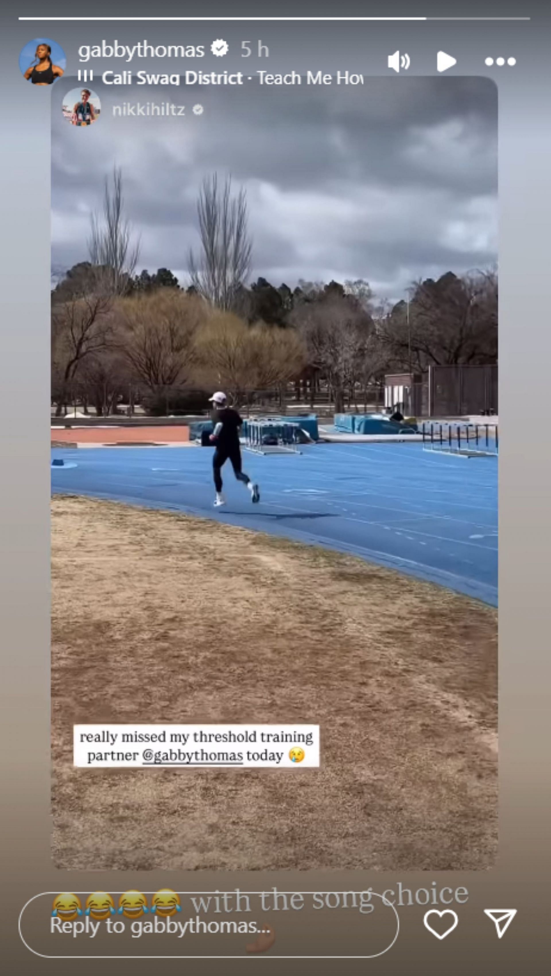 Gabby Thomas reacts to Nikki Hiltz&#039;s song choice during training; Instagram - @gabbythomas