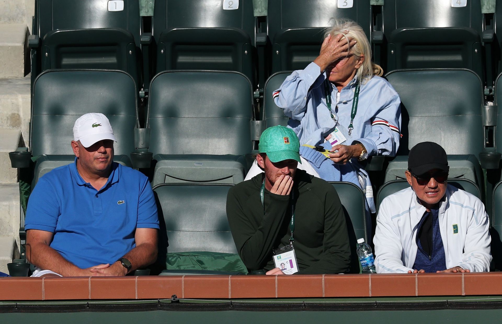 Platenik (extreme left) pictured in Raducanu&#039;s box at the 2025 BNP Paribas Open in Indian Wells - Image Source: Getty