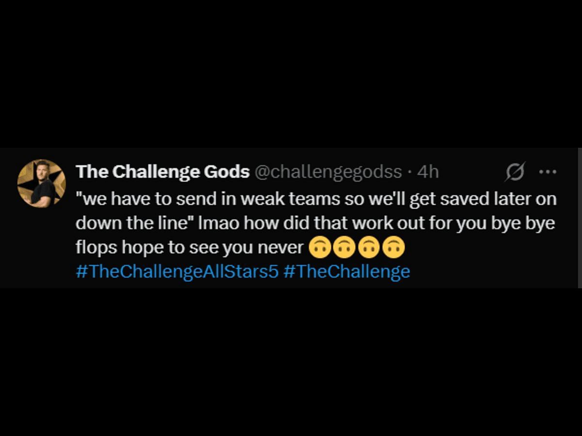 A fan of The Challenge: All Stars reacts to Amber and Faysal&#039;s elimination (Image via X/@challengegodss)