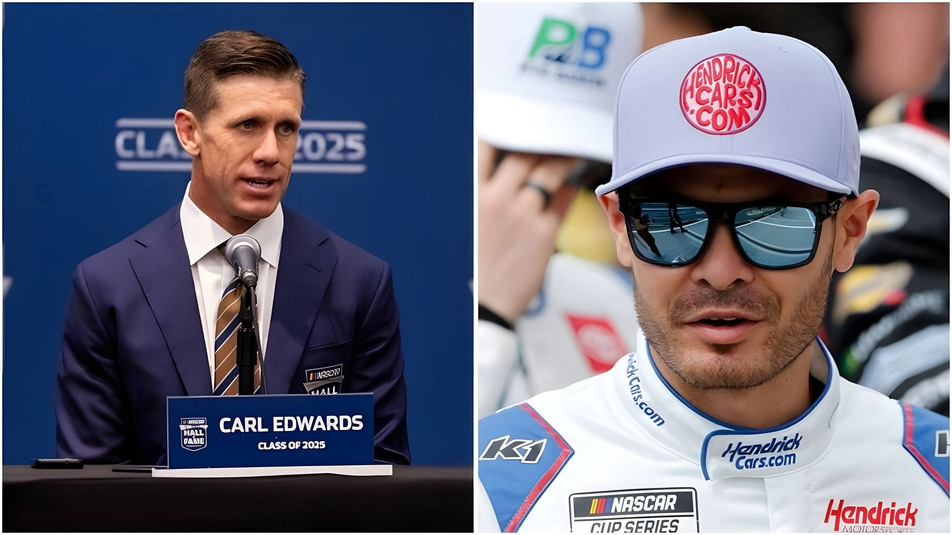 Former NASCAR driver, Carl Edwards and Kyle Larson. Source: via Imagn 