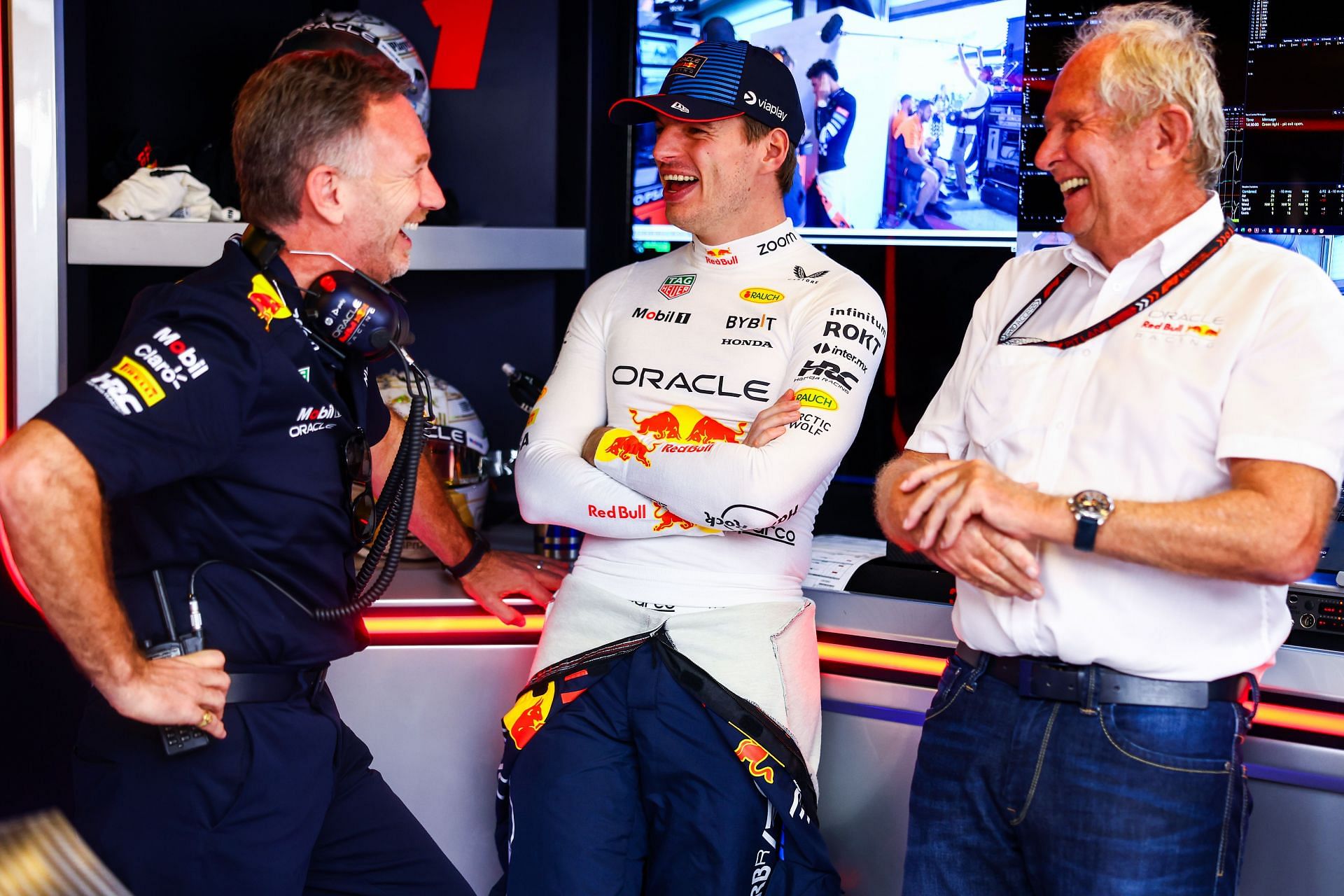 (From Left) Christian Horner, Max Verstappen and Dr Helmut Marko all smiles at Abu Dhabi- Source: Getty