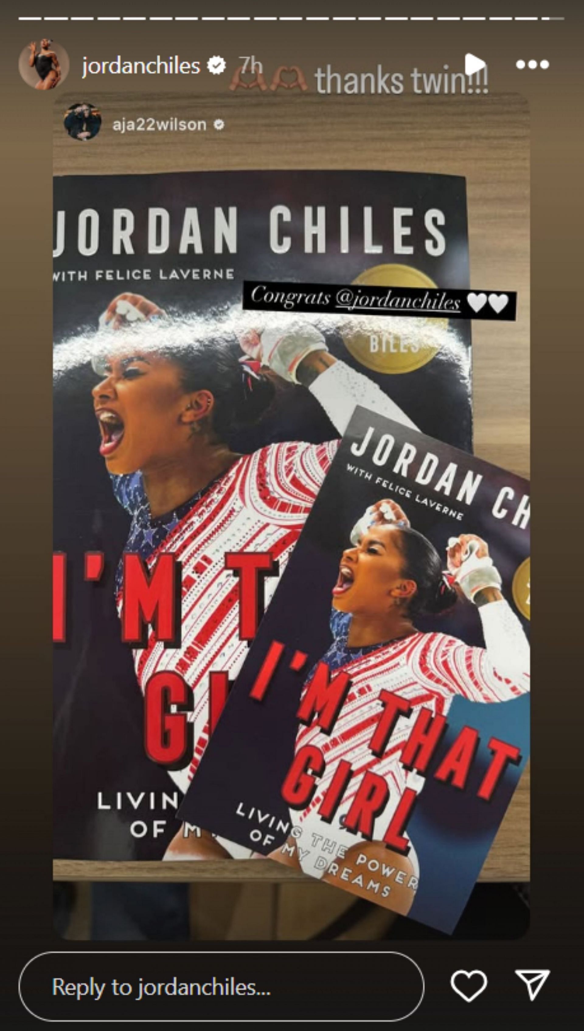 Jordan Chiles reacts to A&#039;ja Wilson&#039;s appreciation; Instagram - @jordanchiles